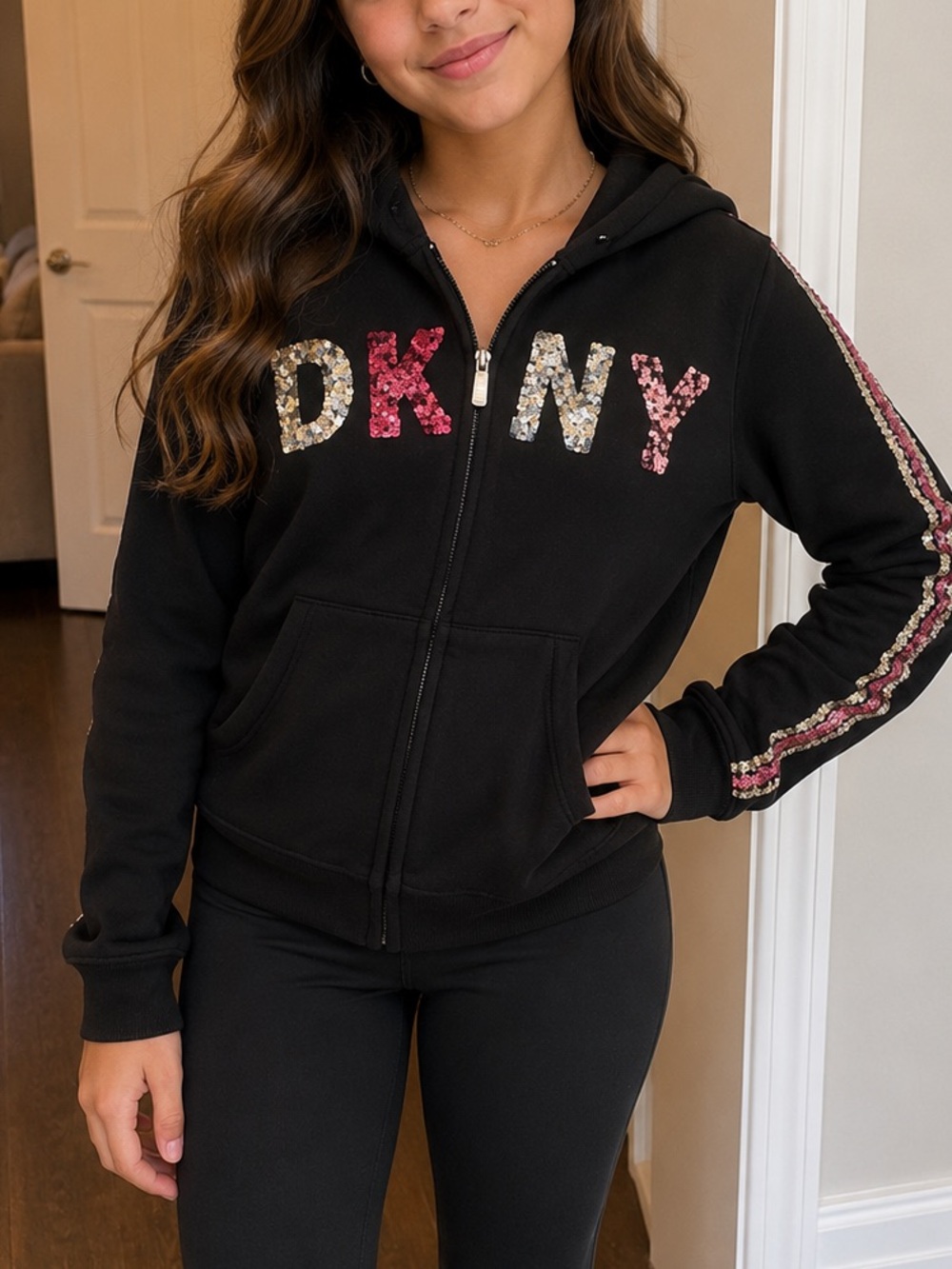 DKNY Kids Black Hoodie with Glitter Letters